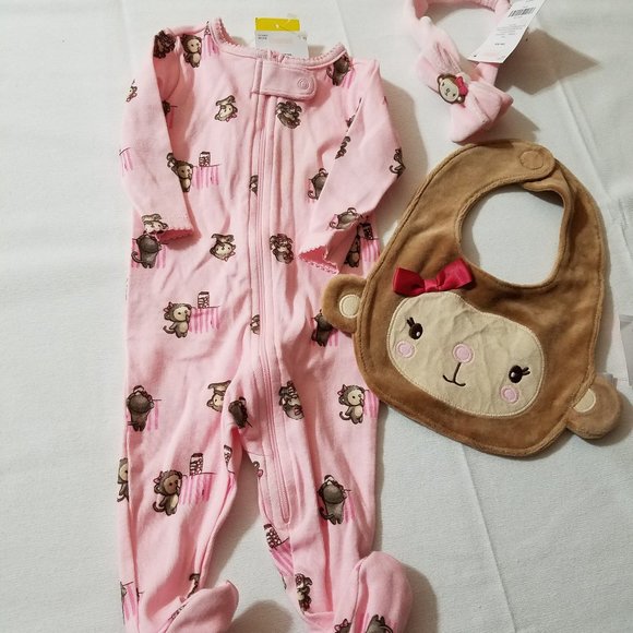 Gymboree Mischievous Monkey 0-3 Month Sleeper, Bib & Headband NWT set.